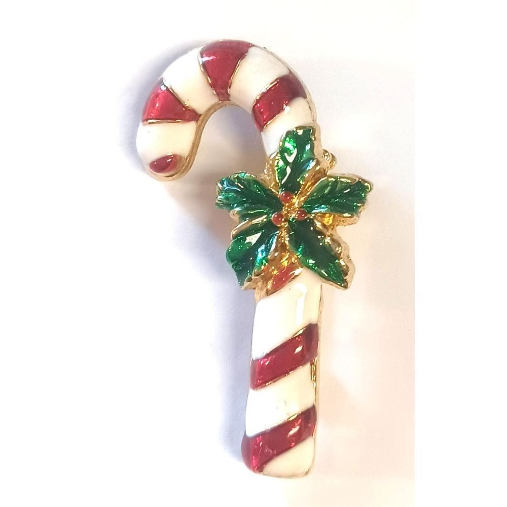 Vintage Signed AAI Enamel Candy Cane Christmas Brooch Pin Holly Bow 2" Gold Tone